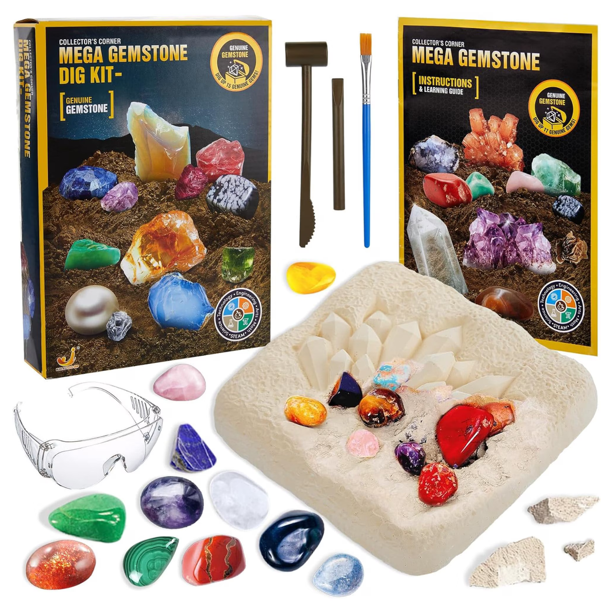 Mega Gemstone Dig Kit for Kids Ages 3+ – STEM Excavation Toy with 15 Real Crystals