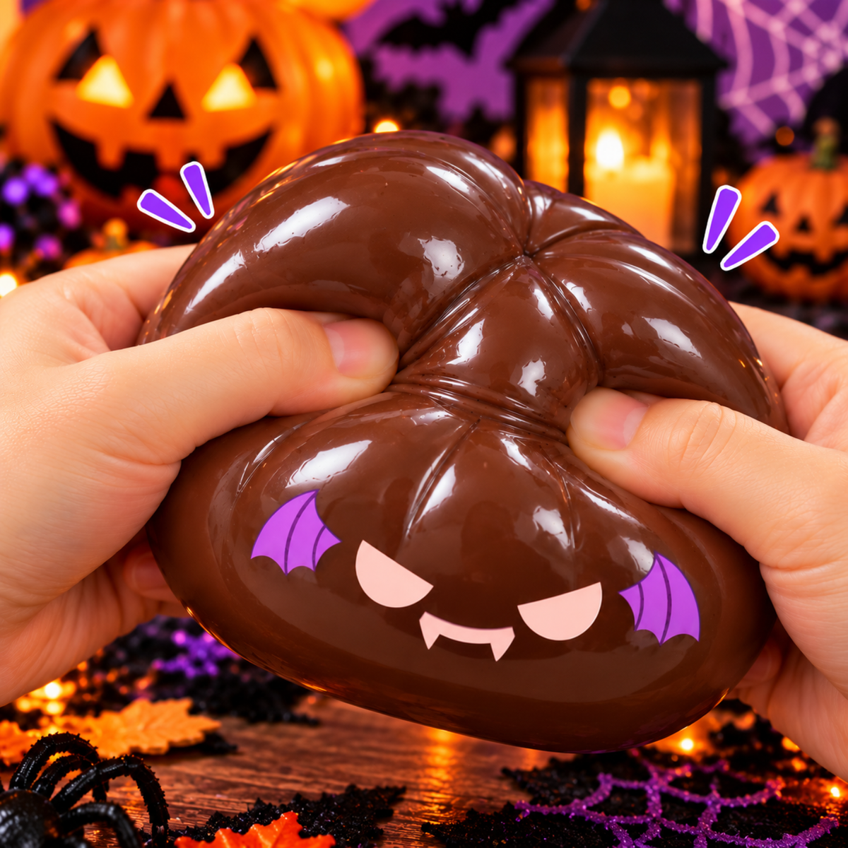 Halloween Brown Demon Squishy Toy – 8cm Glitter One-Eyed Stress Relief Fidget Toy with Mini Steamer Basket
