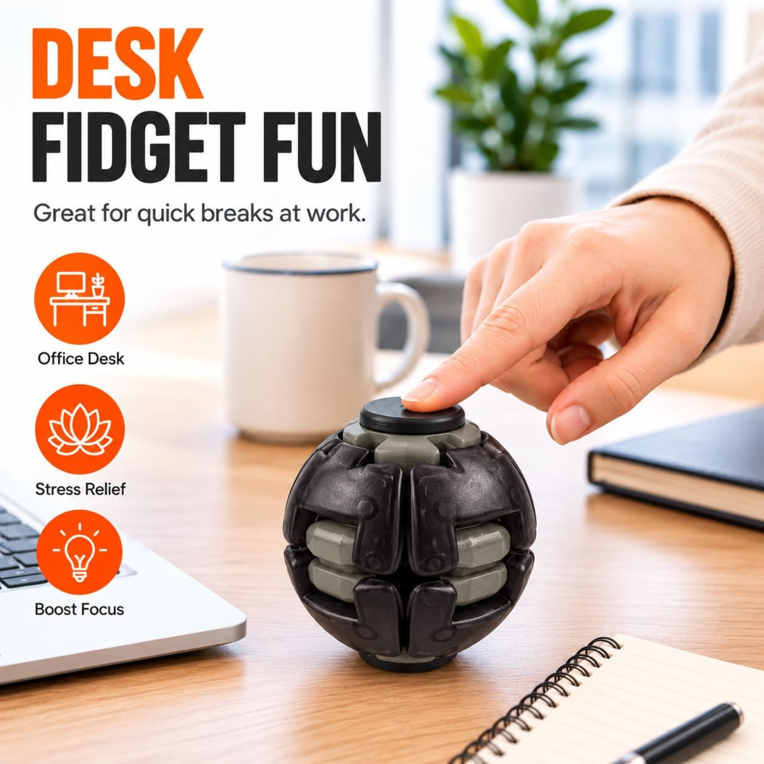 Push & Spin Fidget Ball – Black Sensory Stress Relief Spinning Toy for Kids & Adults