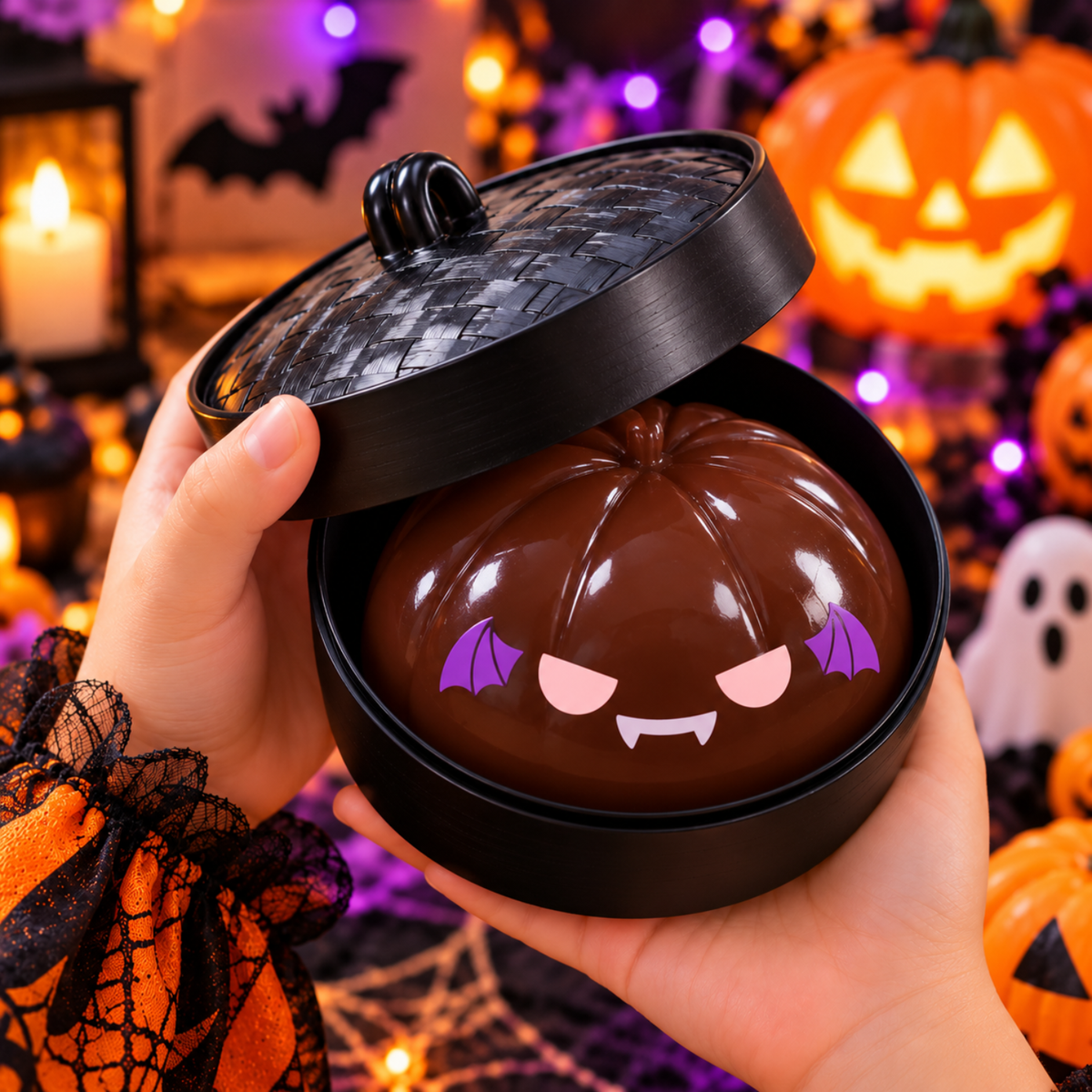 Halloween Brown Demon Squishy Toy – 8cm Glitter One-Eyed Stress Relief Fidget Toy with Mini Steamer Basket