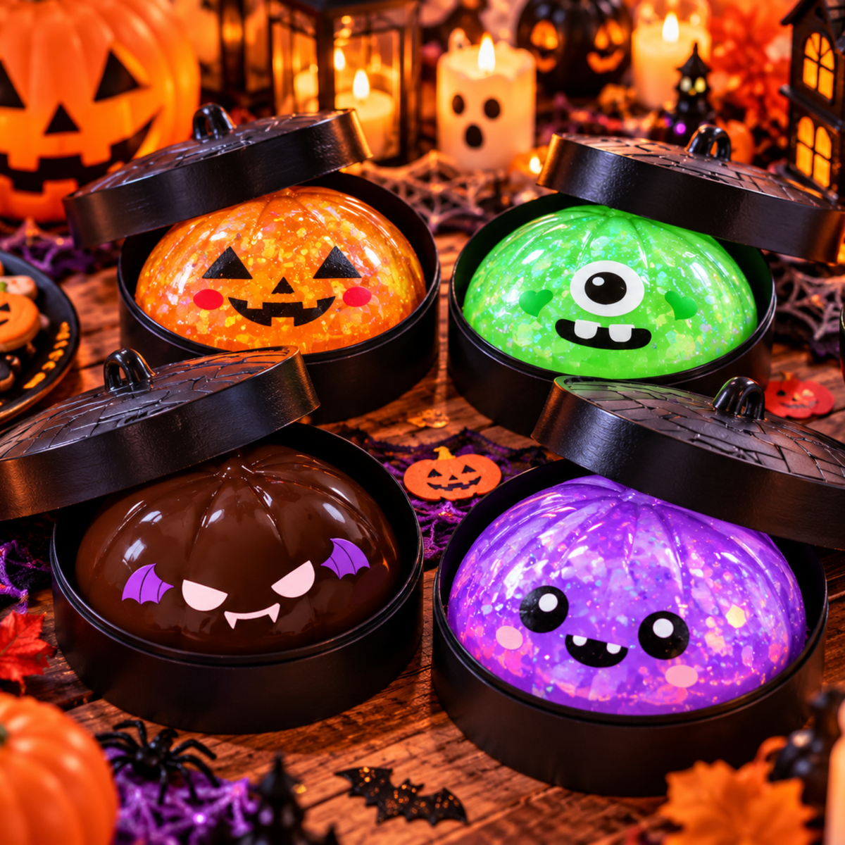 Halloween Green Monster Squishy Toy – 8cm Glitter One-Eyed Stress Relief Fidget Toy with Mini Steamer Basket