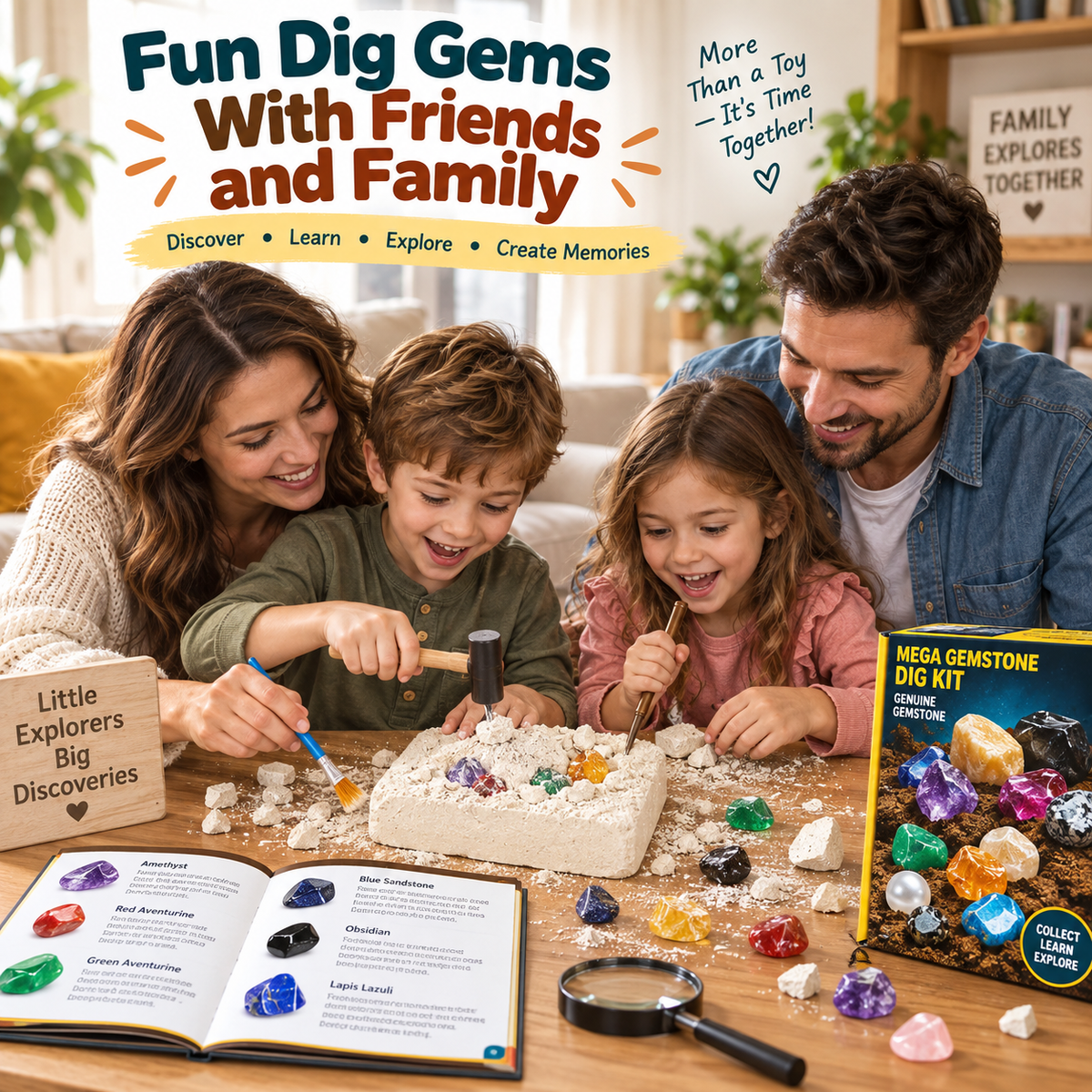 Mega Gemstone Dig Kit for Kids Ages 3+ – STEM Excavation Toy with 15 Real Crystals