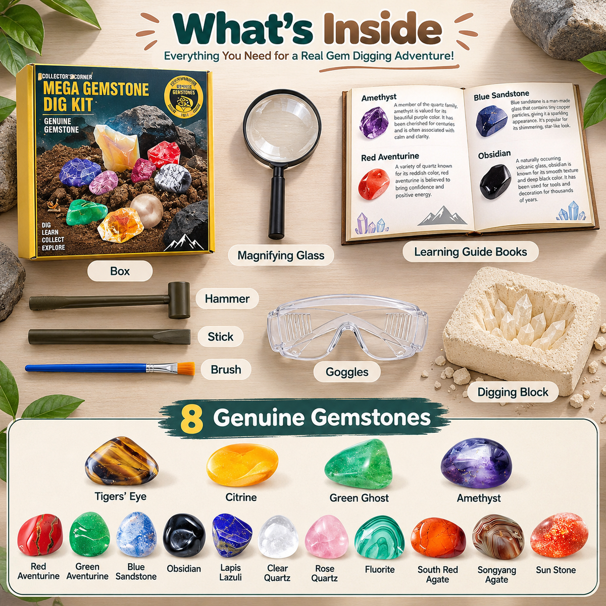 Mega Gemstone Dig Kit for Kids Ages 3+ – STEM Excavation Toy with 15 Real Crystals