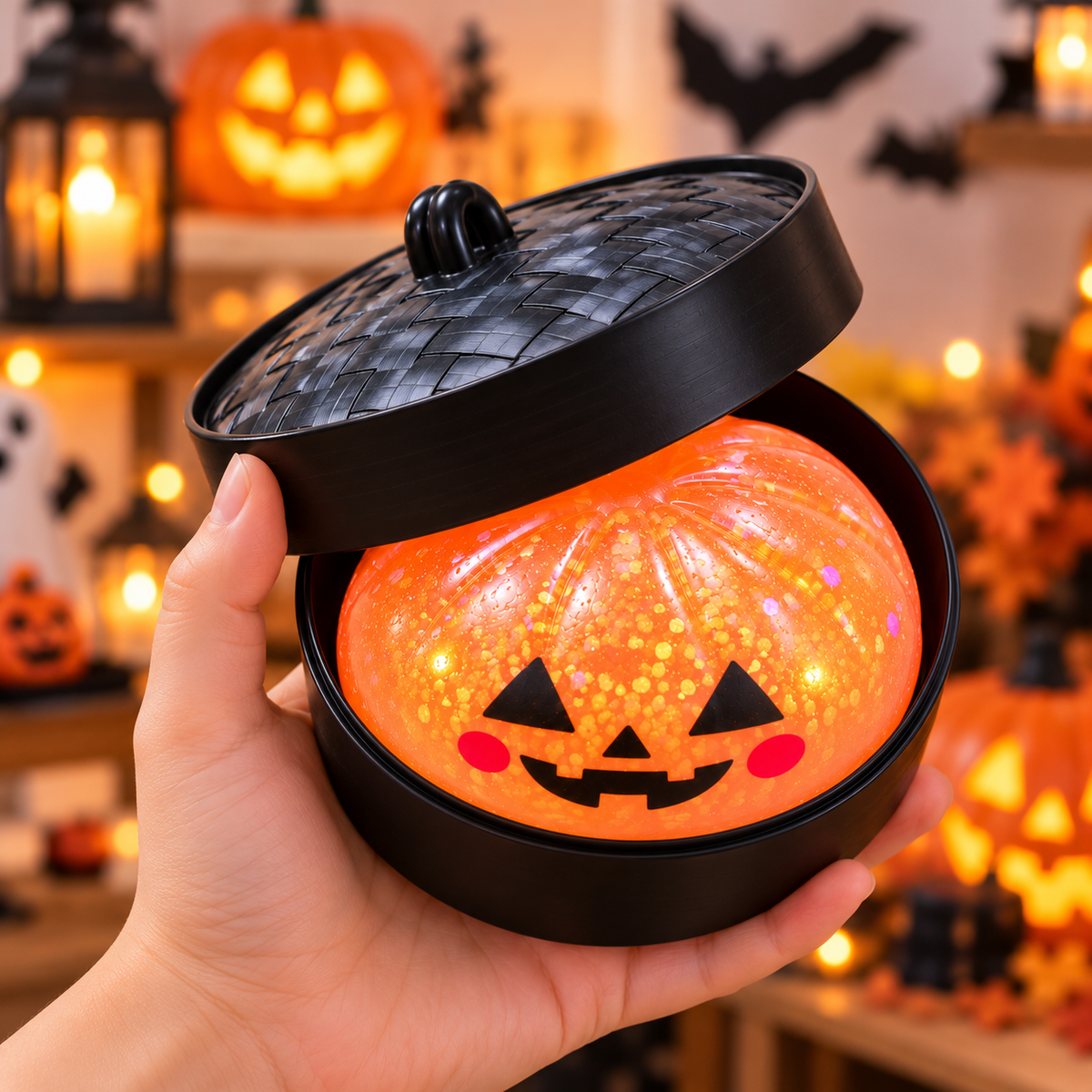 Halloween Pumpkin Squishy Toy – 8cm Glitter Stress Relief Fidget Toy with Black Steamer Basket