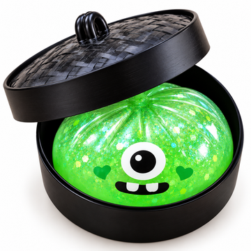 Halloween Green Monster Squishy Toy – 8cm Glitter One-Eyed Stress Relief Fidget Toy with Mini Steamer Basket
