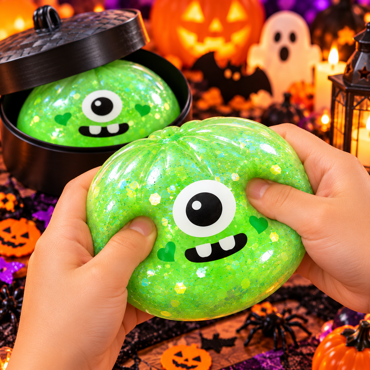 Halloween Green Monster Squishy Toy – 8cm Glitter One-Eyed Stress Relief Fidget Toy with Mini Steamer Basket