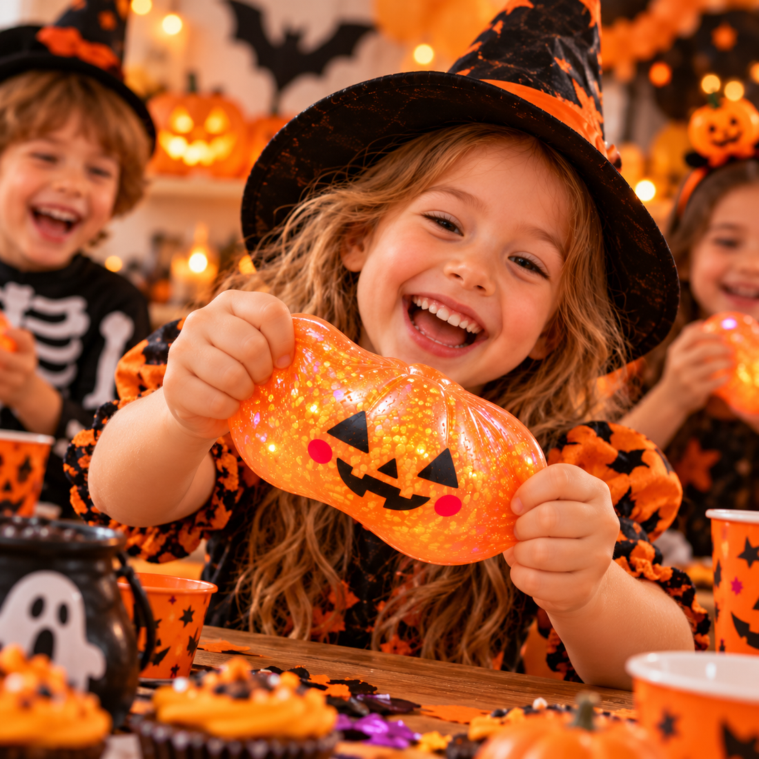Halloween Pumpkin Squishy Toy – 8cm Glitter Stress Relief Fidget Toy with Black Steamer Basket