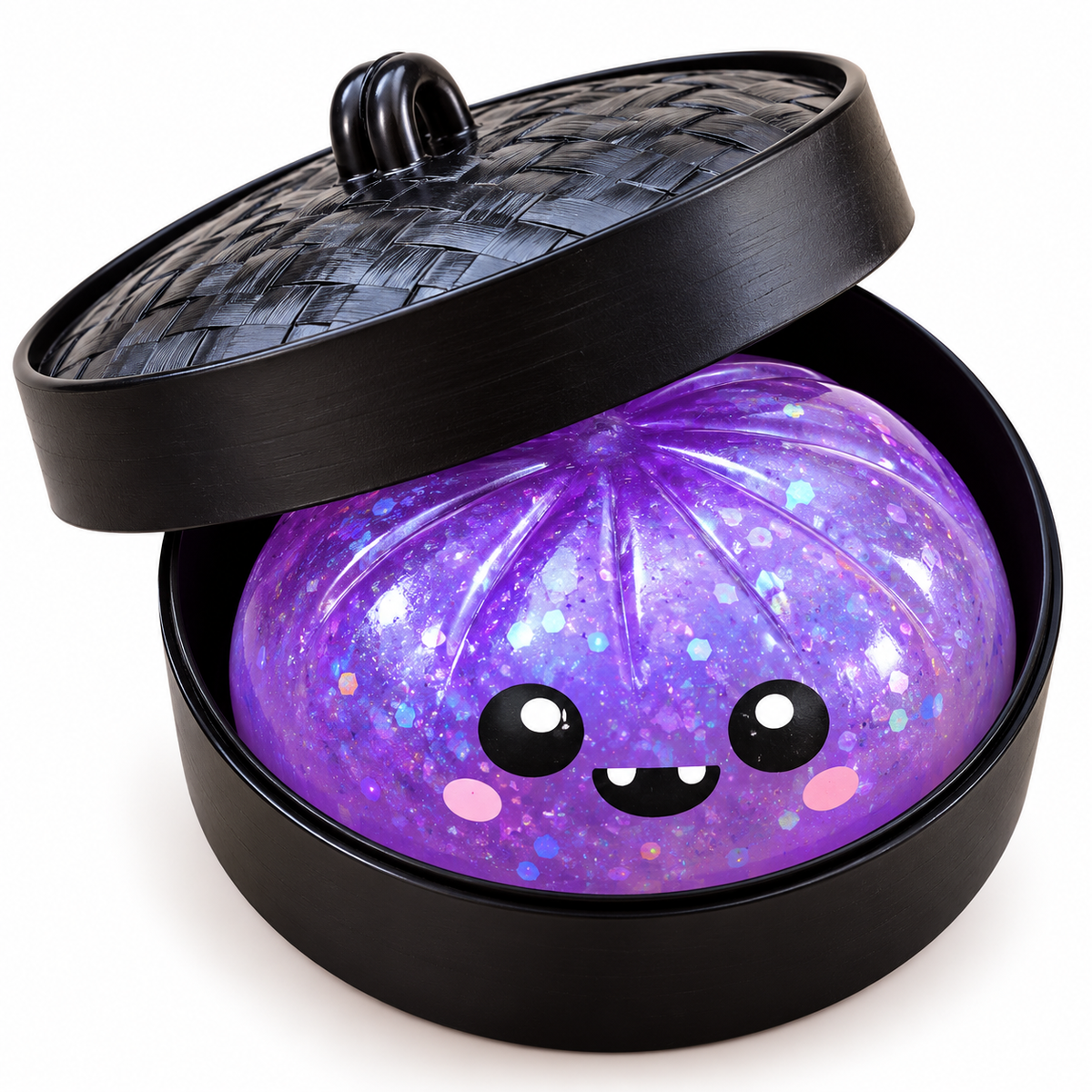 Halloween Purple Glitter Squishy Toy – 8cm Cute Monster Stress Relief Fidget Toy with Mini Steamer Basket