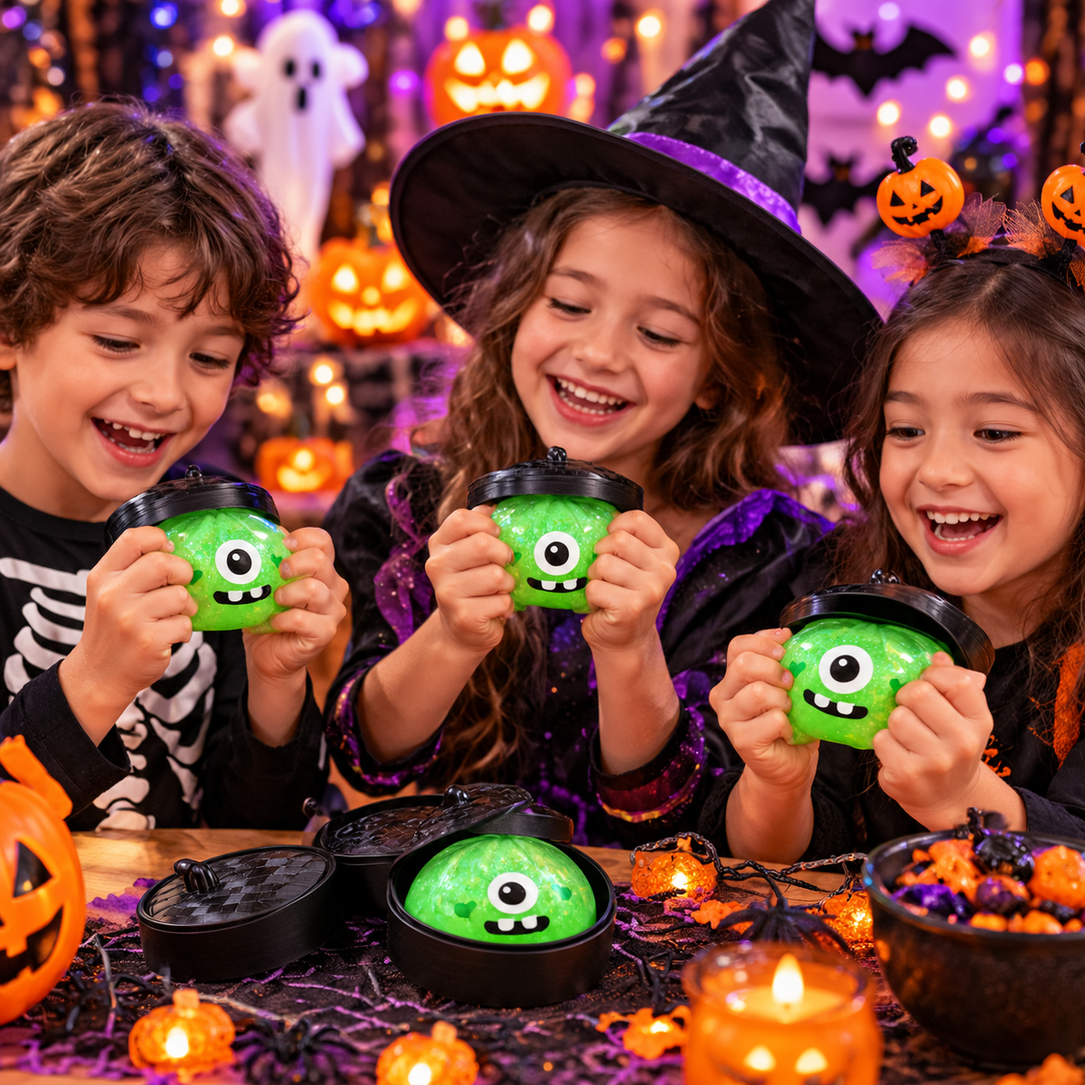 Halloween Green Monster Squishy Toy – 8cm Glitter One-Eyed Stress Relief Fidget Toy with Mini Steamer Basket
