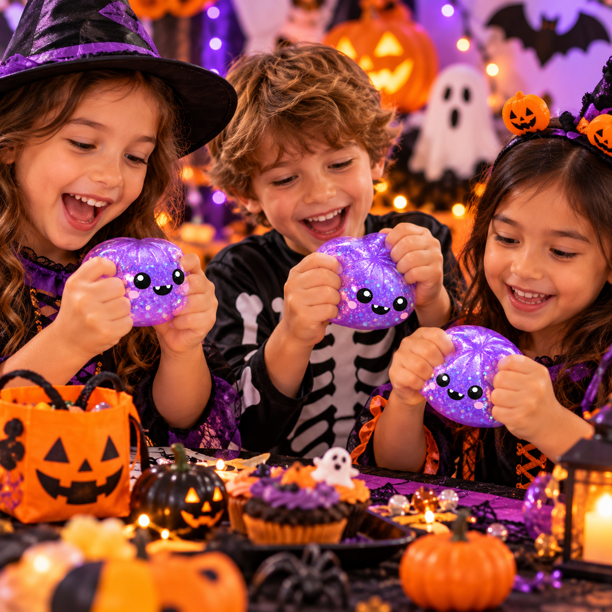 Halloween Purple Glitter Squishy Toy – 8cm Cute Monster Stress Relief Fidget Toy with Mini Steamer Basket