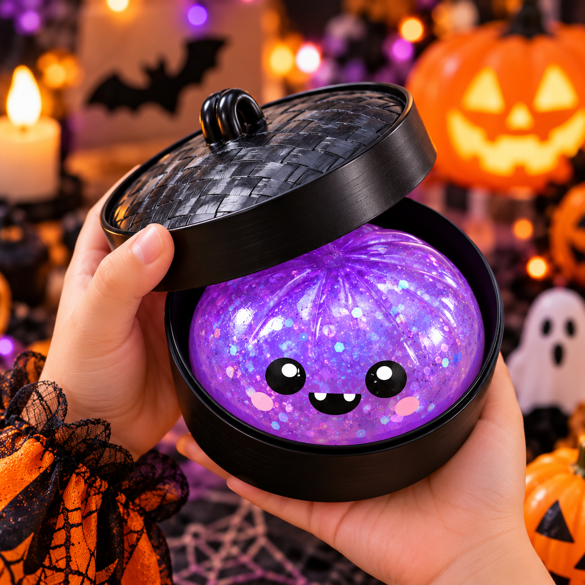 Halloween Purple Glitter Squishy Toy – 8cm Cute Monster Stress Relief Fidget Toy with Mini Steamer Basket