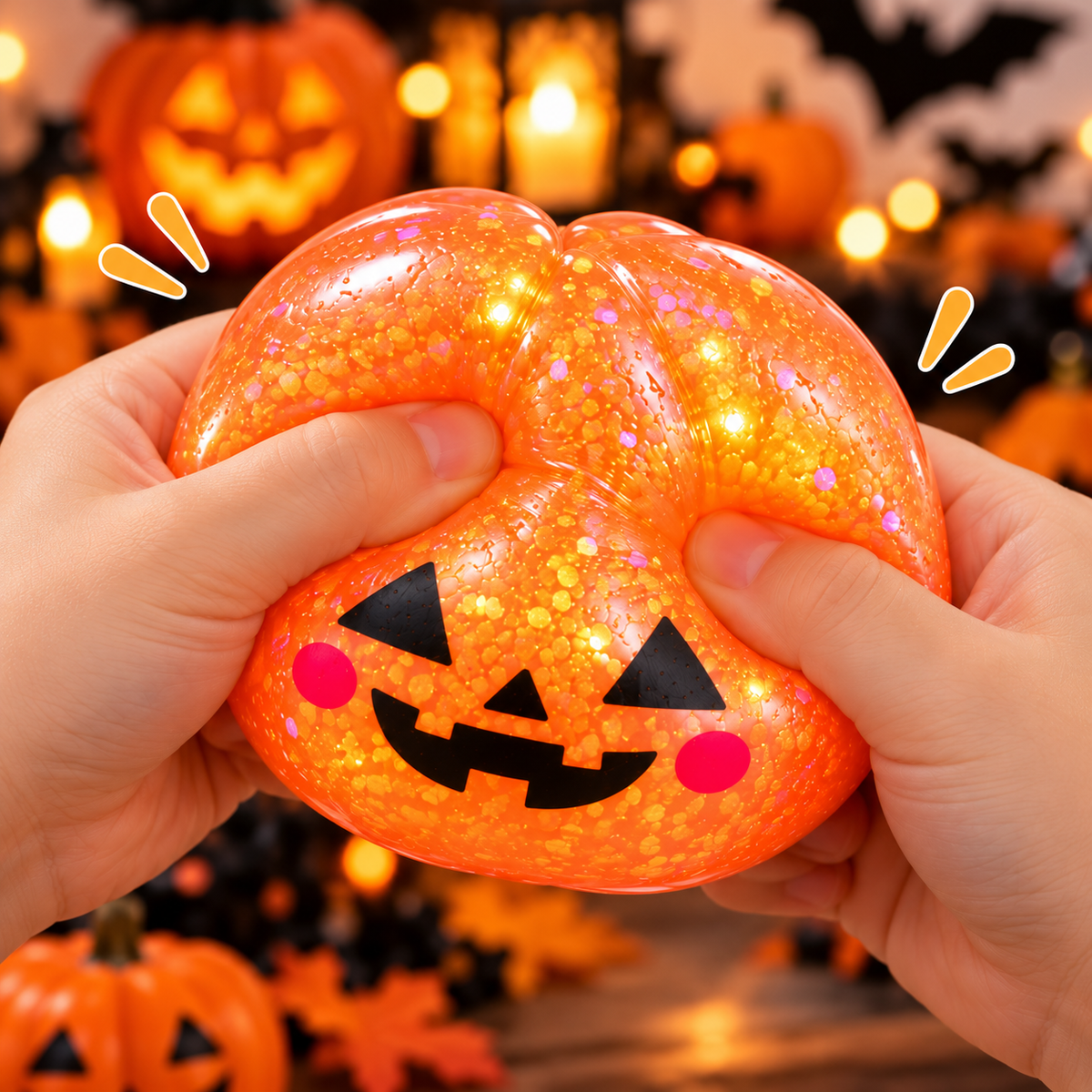 Halloween Pumpkin Squishy Toy – 8cm Glitter Stress Relief Fidget Toy with Black Steamer Basket