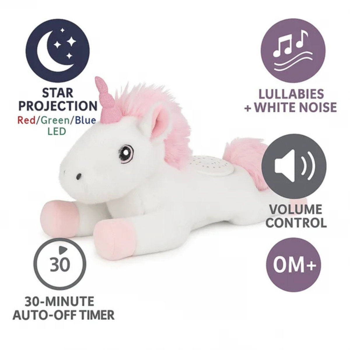 Unicorn 3-in-1 Plush Soother Toy for Newborns 0M+ with Star Projector and Soothing Sounds