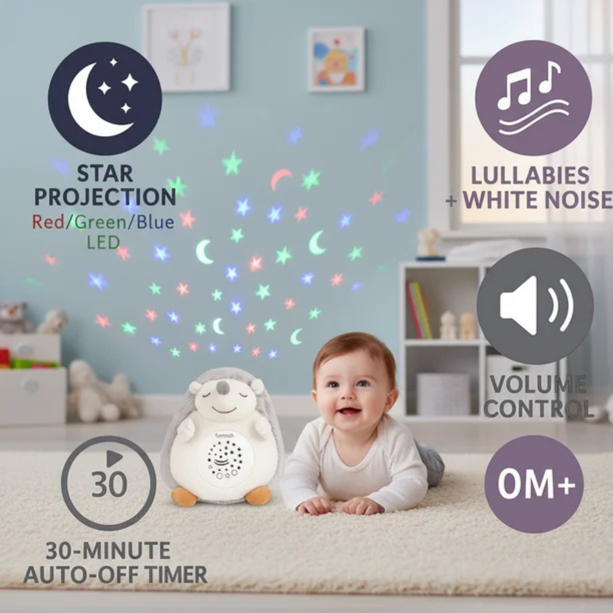 3-in-1 Hedgehog Plush Soother Toy for Newborns 0M+ – Star Projector & Soothing Sounds