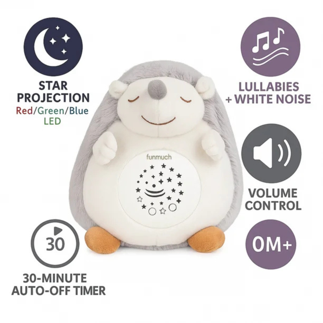3-in-1 Hedgehog Plush Soother Toy for Newborns 0M+ – Star Projector & Soothing Sounds