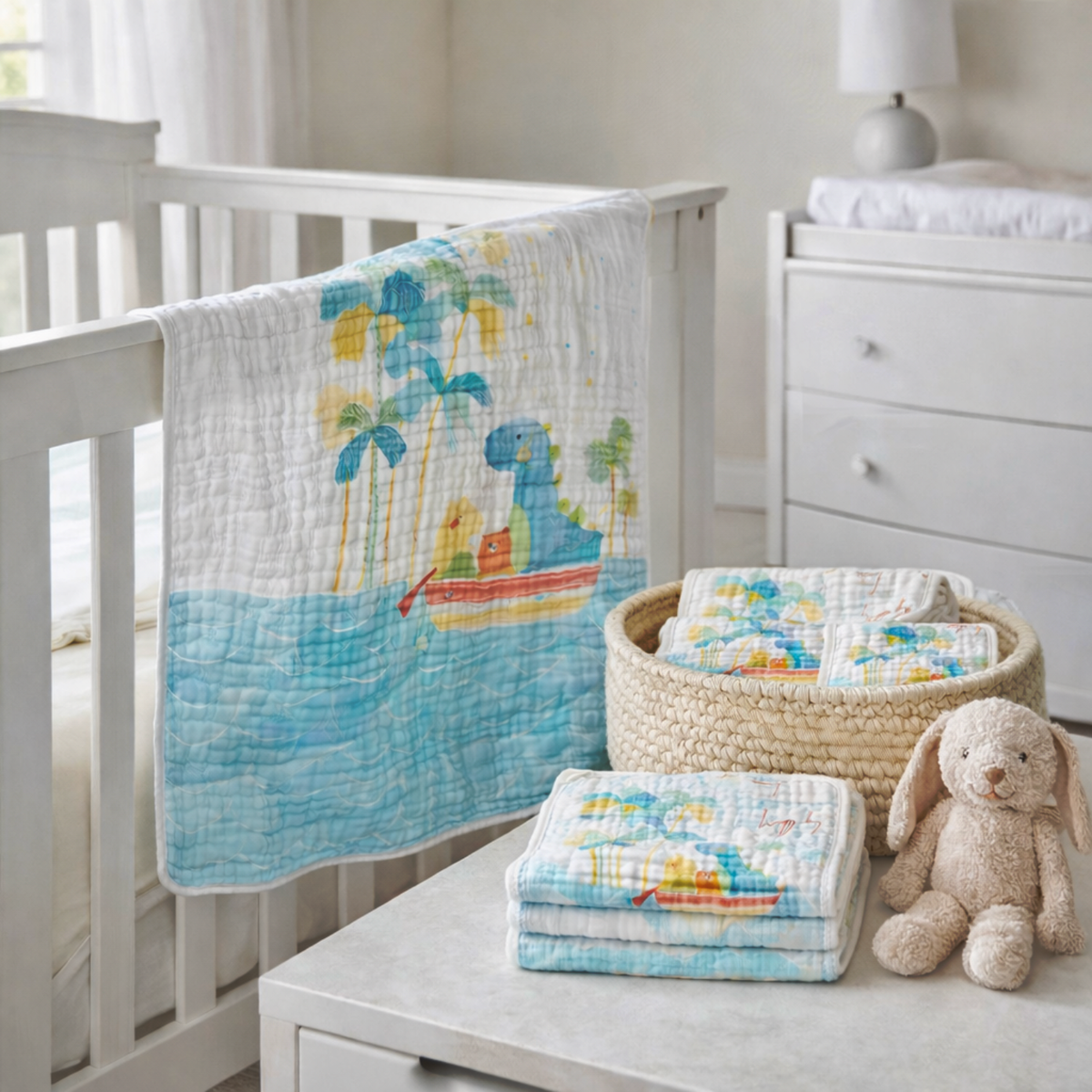 Tropical Dino Baby Muslin Blanket Set – Soft Quilted Cotton for Newborns & Toddlers