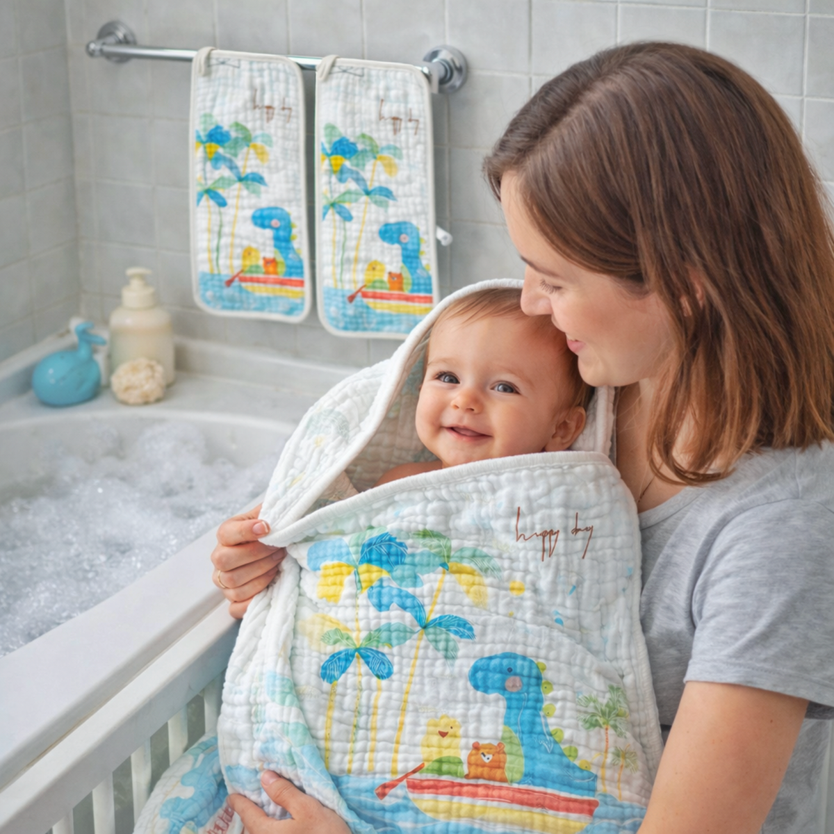Tropical Dino Baby Muslin Blanket Set – Soft Quilted Cotton for Newborns & Toddlers