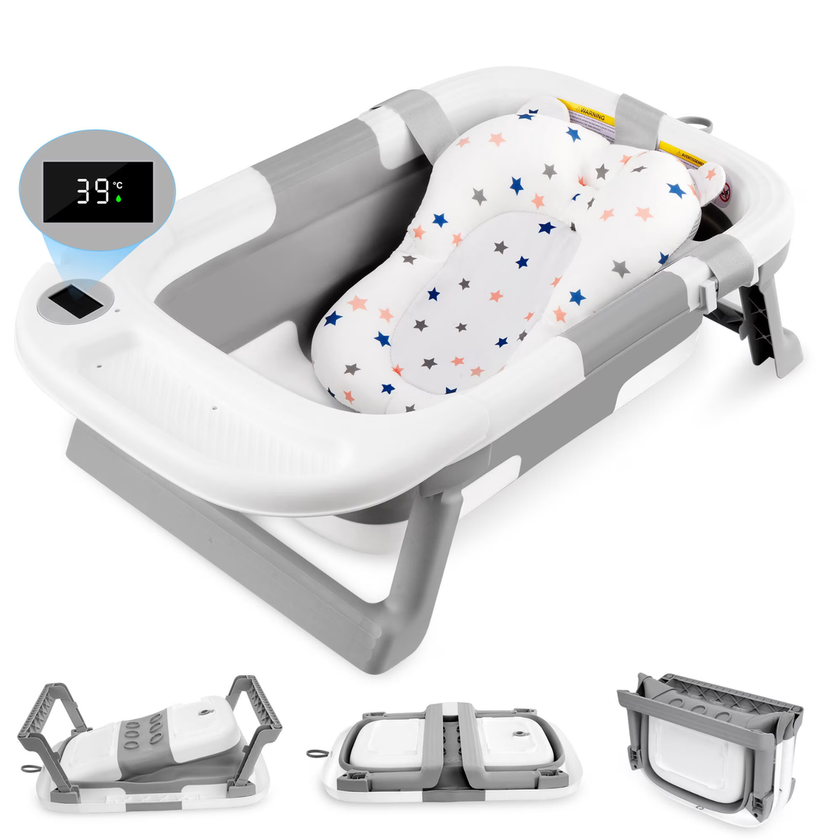 Foldable Baby Bath Tub with Soft Support Cushion & Temperature Sensor