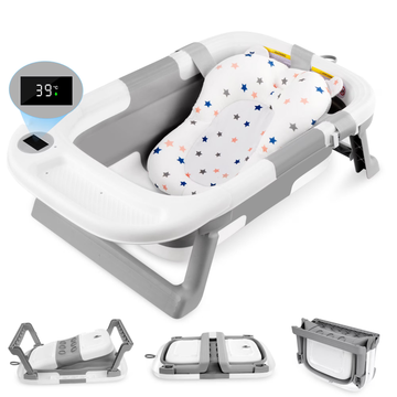 Foldable Baby Bath Tub with Soft Support Cushion & Temperature Sensor